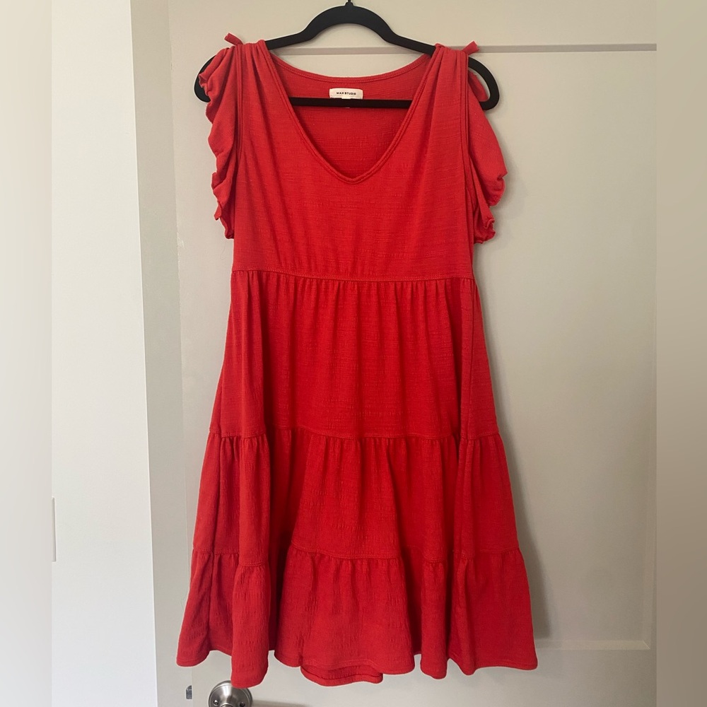 Red Ruffle Sleeve Dress - Picture 2 of 4